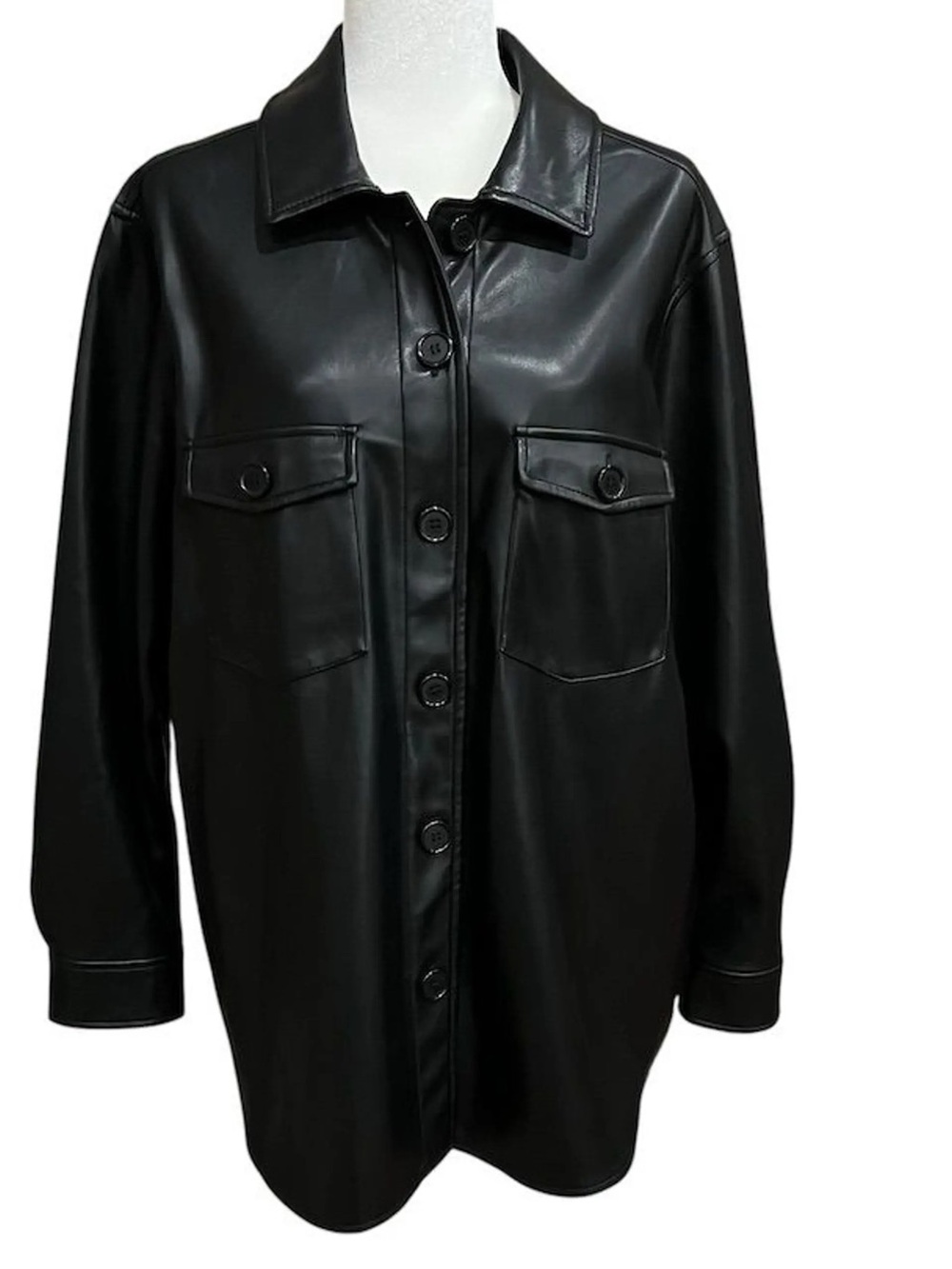 Time and Tru Black Faux Leather Button-Front Jacket